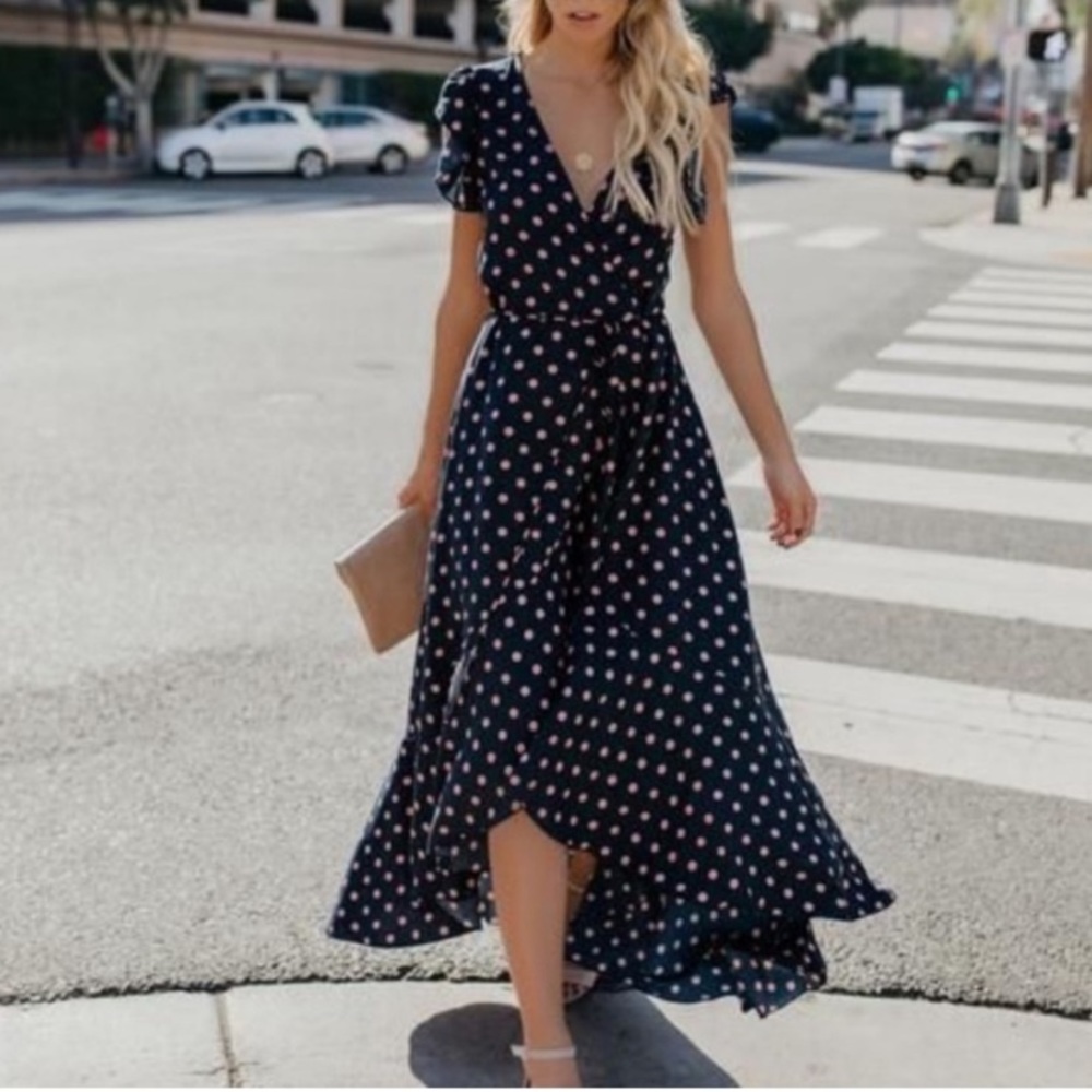 VICI Mama Mia Navy Blue Wrap Dress with light pink polka dots Size Small